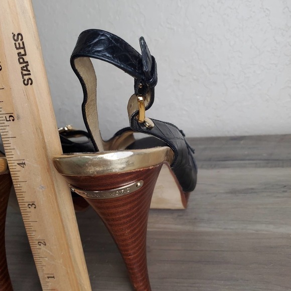 Michael Kors Heels Womens Size 8.5 Black Leather Croc Print Slingback Stacked - Picture 8 of 10